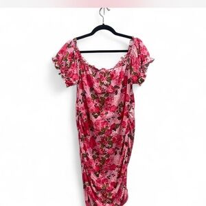 SHEIN Pink Ruched Ruffled Midi Sundress